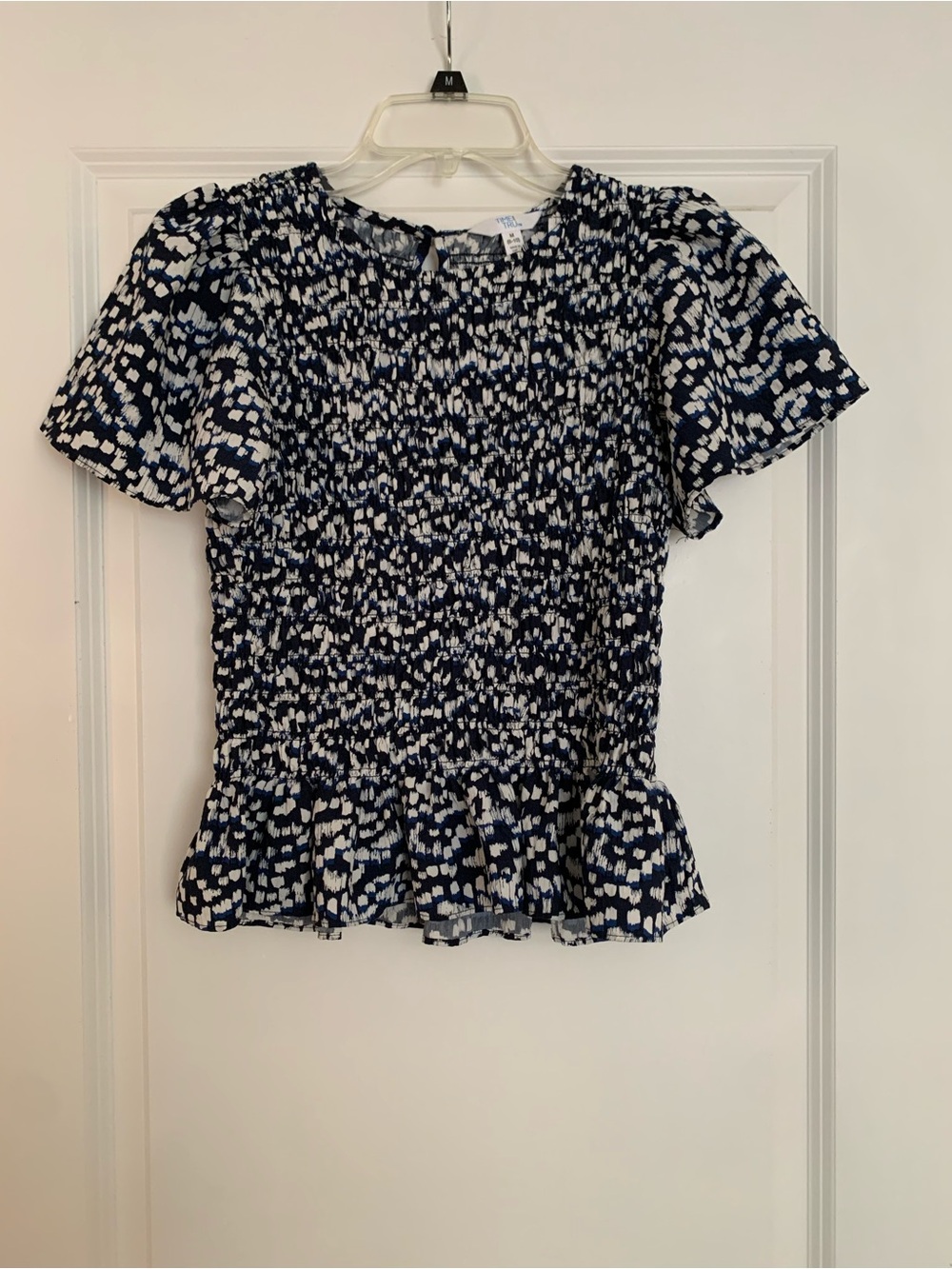 Free Assembly Blue & White Short Sleeve Peplum Top